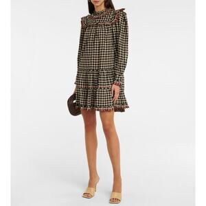 Ulla Johnson Elm Dress Checkered Plaid High Neck Twee 4 Mini Eclipse Long Sleeve